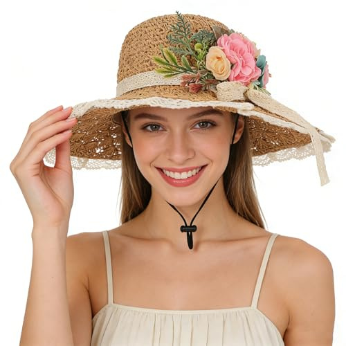 JIAHG Chapeau de Paille avec Fleurs Élégant Femme Chapeau de Soleil en Dentelle UV Protection Capeline à Bord Large pour Mariage Tea Party Vacances Plage Voyage