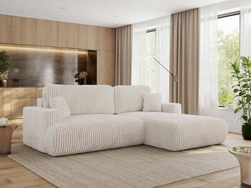 MKS MEBLE Ecksofa Wohnlandschaft L-Form mit Schlaffunktion und Bettwäscheschrank, Schlafsofa mit Bettkasten, modernes Sofa OVO L - Rechts - Beige Cord