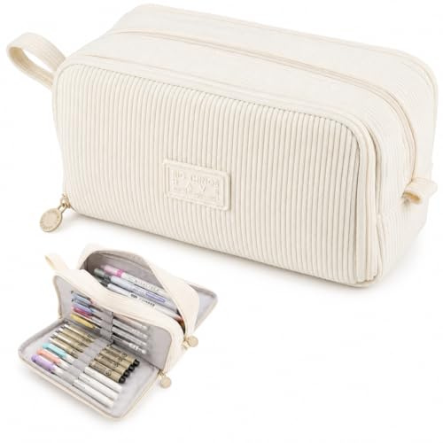 Generisch Federmäppchen Mäppchen Federmappe Federtasche Mäppchen Mädchen - Beige Federmäppchen Cord Mit 3 Fächern, GroßE KapazitäT für Schule Uni Büro