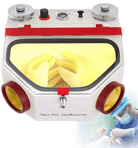 Sabbiatrice professionale con 2 penne e 2 serbatoi, ampia finestra con luce LED per un trattamento superficiale efficace dei materiali