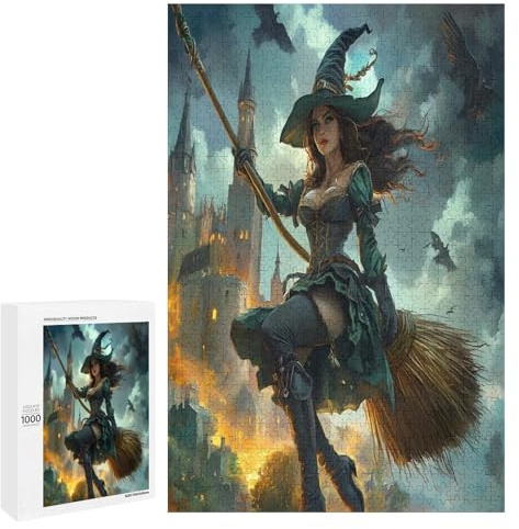 Witch Flying with A Broomstick Jigsaw Puzzles 1000 PCS Puzzle for Adults Wooden Art Puzzles for Men Women Gifts