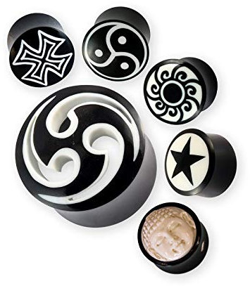 Fly Style 1 Stück Ohr-Plug Flesh Tunnel aus Knochen | natürlicher Ohr Piercing Schmuck | Motivauswahl, Grösse:6 mm, Modell Horn:Plug Maori Symbol