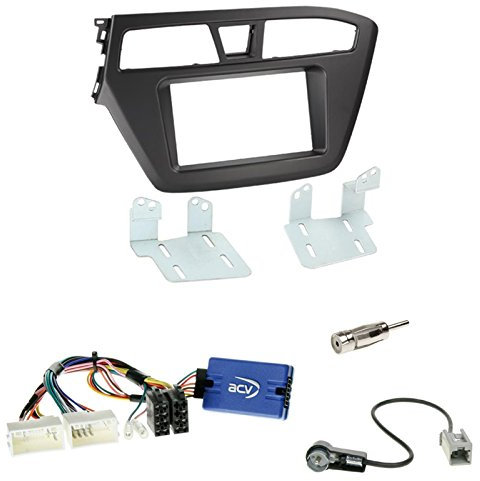 Einbauset: Autoradio Doppel 2-DIN Blende Einbaurahmen Radioblende schwarz + Kenwood Lenkradfernbedienungsadapter Interface Radio Adapter + Antennenadapter für Hyundai i20 ab 2015 ohne Soundsystem!