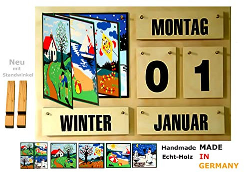 TISCH- und WANDKALENDER | Schwarze Schrift | mit Standwinkel | VIER JAHRESZEITEN | LERN- UND DAUERKALENDER aus HOLZ | Made in Germany | Für Schule, Kindergarten, Seniorenheim oder auch ZUHAUSE