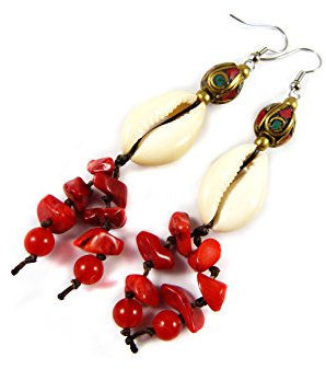 Ohrhänger mit Kauri Muschel, Koralle und Tibet Perle - Thailand Boho Tribal Ohrringe