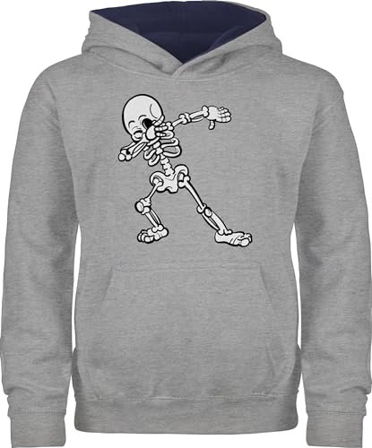 Pullover Kinder Hoodie Jungen Mädchen - Halloween - Dabbing Skelett - 116 (5/6 Jahre) - Grau meliert/Navy Blau - haloween outfits hoodys helloween party pulli haöloween kapuzenpullover gruseliges