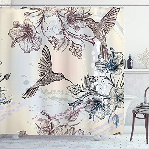 ABAKUHAUS Kolibri Duschvorhang, Vögel Hibiscus Flowers, Stoffliches Gewebe Badezimmerdekorationsset mit Haken, 175 x 240 cm, Braun Teal