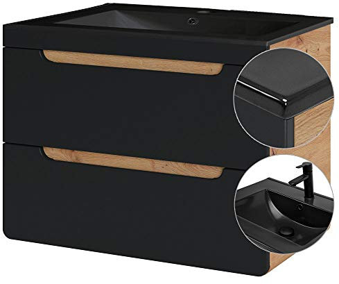 Lomadox Badezimmer Waschtisch Badmöbel Set mit 81 cm Keramik-Waschbecken schwarz, Unterschrank seidenmatt anthrazit & Wotan Eiche Nb., B/H/T ca. 81/61/46 cm