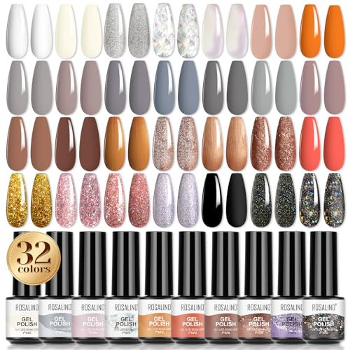 ROSALIND 32 Stück UV Nagellack Set - 28 Farben Gel Mit Base Top Coat Matt Primer, Weiß Schwarz Grau Braun Glitzer, Shellac Gelnägel Design Nagelstudio Mini