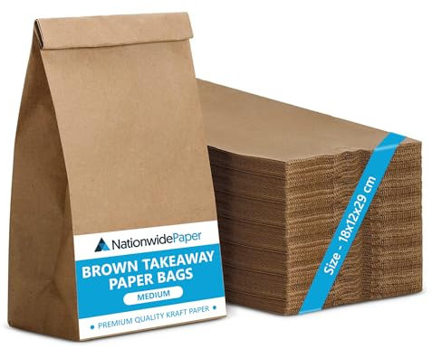 NationwidePaper 25pcs Medium Brown Paper Bags, Strong Kraft Paper Bags for Takeaway Fruits, Food, Lunch, Sweets and Sandwiches (18x12x29cm)