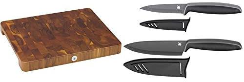 WMF Schneidebrett XL 40 x 32 x 4 cm, Holz, Akazienholz & Touch Messerset 2-teilig, Küchenmesser mit Schutzhülle, Spezialklingenstahl antihaftbeschichtet, scharf, Kochmesser, Gemüsemesser, schwarz