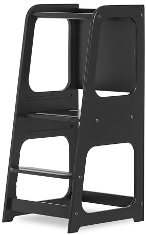 Dream On Me Explora Tower & Step Stool in Black – Solid Pinewood Kids Tower with 3 Adjustable Heights, Anti-Slip Base, Chalkboard for Creative Play