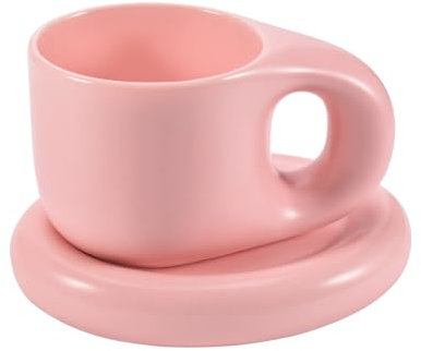 Koythin Ceramic Coffee Chubby Mug Saucer Set, Creative Cute Fat Handle Cup with Saucer for Office and Home, Dishwasher and Microwave Safe, 10 oz for Latte Tea Milk (Pink)