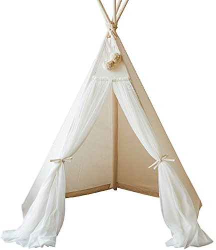 MINICAMP Original Teepee-Zelt für Kinder, handgefertigt aus natürlicher Leinwand, Tüll und Holz, Spielhaus-Zelt für Kinder und Kleinkinder, Prinzessinnen-Übernachtungszelt für Mädchen (Ecru)