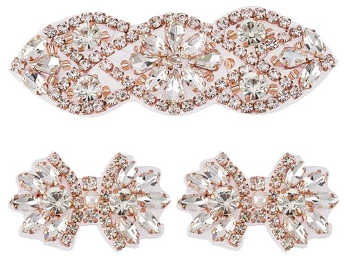 FINGERINSPIRE 3 Stück 2 Stil Glitzer Hotfix Strassapplikationen Roségold Zum Aufbügeln Aufnähen Strass Aufnäher Blumenform Aufnäher Für Hochzeitskleid, Brautkopfschmuck, Gürtel, Schuhe Oder Taschen