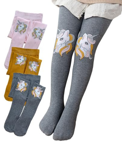 Silkglory Collants Bébé Fille,Collants Filles Avec Joli Motif Imprimé Scintillant Décoration,Leggings Bas Collants en Coton Nouveau-né Bébé Tout-petit Gris/Rose/Gingembre 2-4 Ans 3Pack