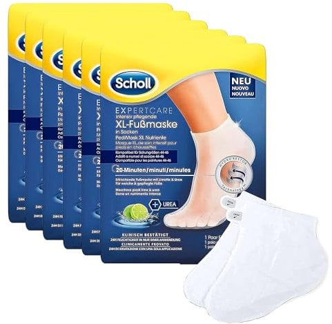 Scholl EC intensiv pflegende Fußmaske LimetteundUrea Bundle – Feuchtigkeitsspendende Pflege – 6 x 1 Paar Einwegsocken.