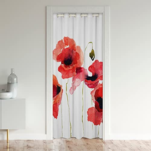 Poppy Fleurs Rideau de Porte 86x203cm Rouge Floral Botanique Rideaux Interieur Salon Chambre Rideaux Exterieur d'entrée Village Spring Garden Blanc Rideau Occultant