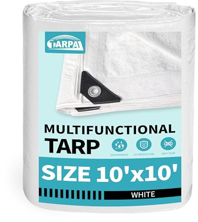 TARPAL Lona blanca impermeable de 10 mm x 10 m, lona de protección pequeña y versátil, lona de polietileno para leña, muebles de exterior, etc