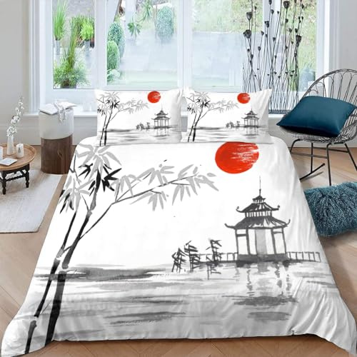 AASIRA Japan Kirschblüten Bettwäsche 135x200 Kinder Bettwäsche Landschaft Weiche Mikrofaser Bettbezug mit Reißverschluss Jungen Mädchen Bettwäsche-Set 3D Motiv Bettbezüge mit 2 Kissenbezug 80x80
