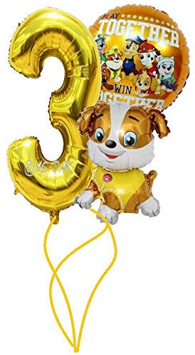 Helden auf vier Pfoten Geburtstags Set + Riesenzahl 3 Folienballon Luftballon Rubble Baustellen Bagger 3 Zahl Hund 3. Kindergeburtstag Deko Dekoration Mottoparty 3. Party Herz Ballon 3 Gold (Zahl 3)