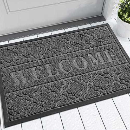 Yimobra Welcome Door Mat 92 x 61 cm, Heavy Duty Durable Front Door Mat for Home Entrance, Garage and Garden Outside Entryway Floor Mat, Non Slip, Fade Resistant, Easy Clean, Dark Gray