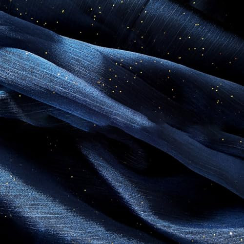 Whakano 2m Glänzend Sternenhimmel Druck Organza Stoffe zum Nähen Meterware,Chiffon Stoff 150cm Breit,Plissierter Stoff Tüll,für Nähen Basteln,Gardine Vorhänge,Kostüm Kleid Bekleidung,Dunkelblau