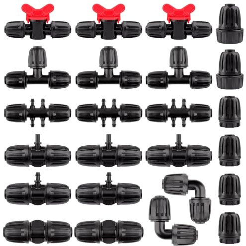 Kalolary 24 Pezzi Kit Raccordi per Tubi di Irrigazione, Tubi Gocciolanti Connettori con Dadi Bloccati per Vaso di Fiori Orto Prato per 1/2 Pollice a 1/4 di Pollice Tubo