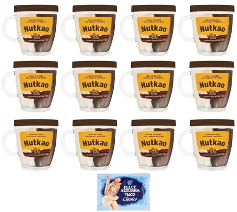 12er-Pack Nutkao Crema Bicolore Cacao,Nocciole e Vaniglia,Streichfähige Creme Kakao mit Haselnüssen und Vanille, 330g-Glas + 1er-Pack Kostenlos Felce Azzurra Talkumpuder, 100g-Beutel