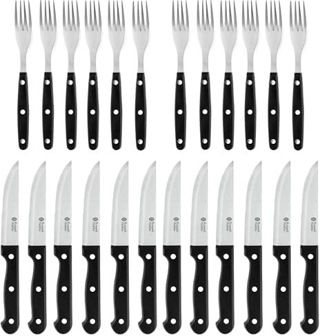 Russell Hobbs COMBO-4796 24-Piece Steak Knife & Fork Set – Tableware Service for 12, Steak Knives and Forks with Stainless Steel Blades, Serrated Knife Set, Sharp Meat Knives, Ergonomic Handles, Black