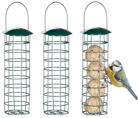 Relaxdays Meisenknödelhalter 3er Set, zum Aufhängen, HxD 31x8,5 cm, Vogelfutterspender für Wildvögel, Metall, dunkelgrün