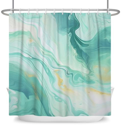 ASDCXZ Marmor Duschvorhang Türkis 180x180 cm, Modern Abstrakt Türkis Weiß Gold Marmor Optik Textur Waschbar Bad Duschvorhänge Polyester Textil Wasserdicht Duschvorhang für Badewanne mit 12 Haken