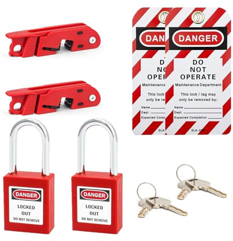 PILISPARK Leitungsschutzschalter-Verriegelung, rote elektrische Steckdosenverriegelung, Tagout-Unterbrecher-Kastenschloss für 110–240 V Standard-Einzel- und Doppelknebel, OSHA-Konform (2 Set mit
