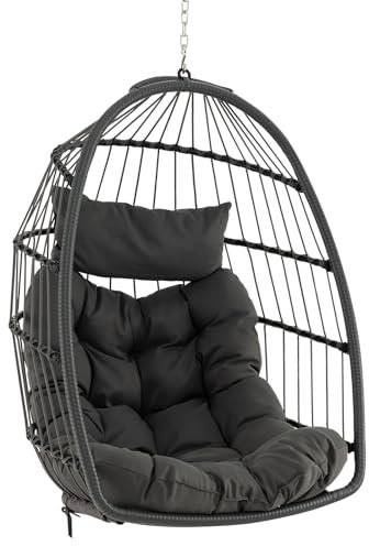 COSTWAY Silla Colgante Tipo Huevo, Cojín y Almohadilla, Columpio Colgante para Interior y Exterior, Sillon Colgante de Diseño Plegable, Carga 150kg