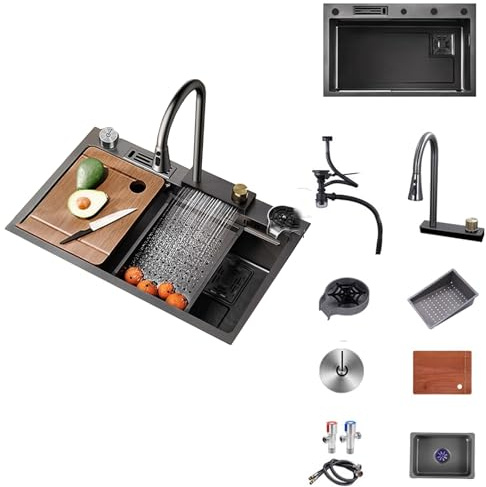 Lavandino Cucina Multifunzione 60cm, Lavello Cucina 1 Vasca con Gocciolatoio con Rubinetto Multifunzionale e Vari Accessori con Rondella a Tazza Portacoltelli(60 * 45cm)