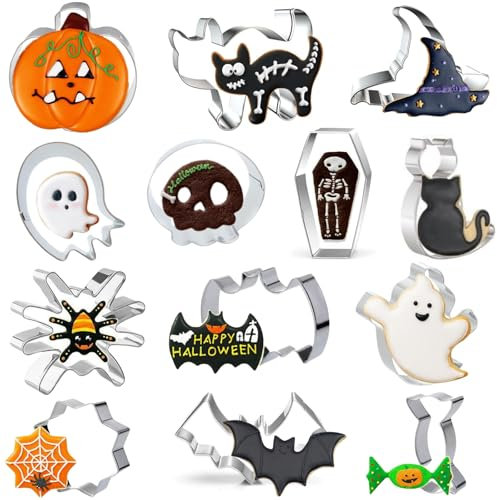 FINEVERNEK 13 Pièces Emporte Pièces Halloween Moule à Biscuits pour Halloween, Emporte Piece Halloween en Acier Inoxydable Patisserie Decoupoir Coupe-pâtes Forme de Chauve-Souris Citrouilles Fantômes