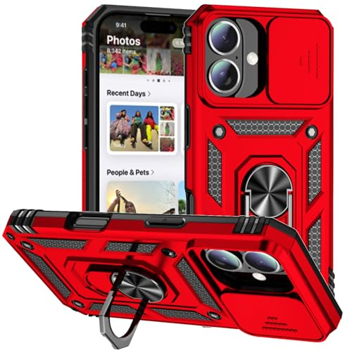 Hitaoyou Phone Case for iPhone 16 Case,iPhone 16 Magnetic Case with Camera Cover & Kickstand Military Grade Shockproof Heavy Duty Protective Cover for iPhone 16 Red
