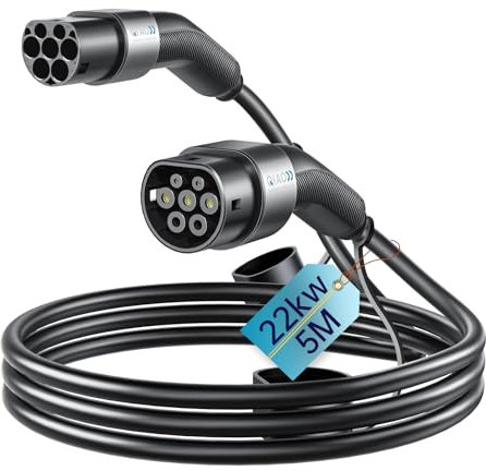 QIAO)) Cavo di ricarica di tipo 2, 22 kW 5M 32A Trifase, cavo di ricarica per auto elettriche tipo 2 a tipo 2 IEC 62196, cavo di ricarica rapida veicoli elettrici e con borsa per il trasporto