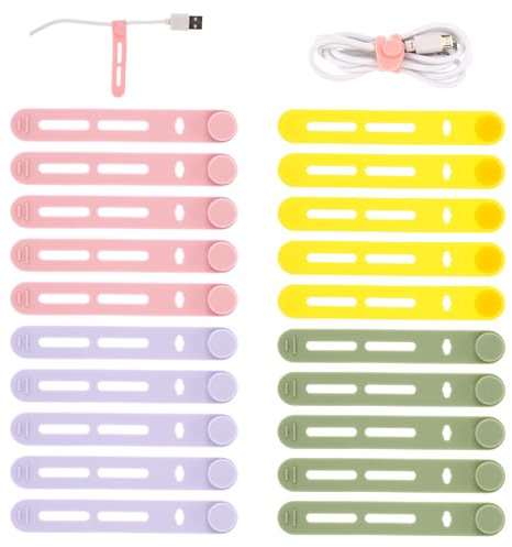 Giantree 20 Pcs Reusable Cable Ties, Silicone Adjustable Cord Organizer Cord Wraps for Charging Cords Earphone Computer Wire Desk Cable Management Travel Accessories (Yellow+Pink+Purple+Green)