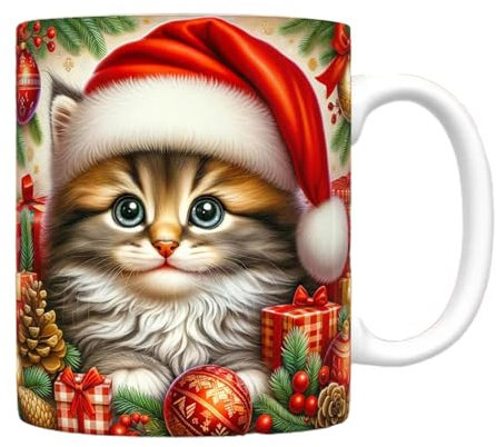Tasse à café 3D en céramique avec motif chat de Noël | Tasse à café fantaisie en céramique avec chapeau de Noël 350 ml pour famille, , amis, collègues