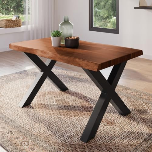 trelevo Esszimmertisch 140x80 cm, Akazienholz massiv, Tischplatte nussbaumfarben, echte Baumkante, X-Gestell schwarz, Baumkantentisch