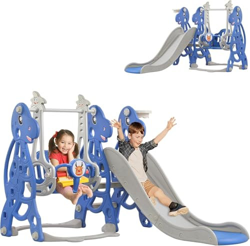 TWOLIIN 4-in-1 Kinderrutsche, Kinder Spielplatz, Spielzeugrutsche mit Kletterleiter, Schaukel und Basketballkorb, Multifunktionale Rutsche für Kinder von 1-5 Jahre, Querstange