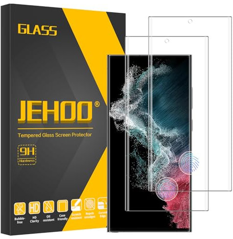 JEHOO 2 Pièces pour Samsung Galaxy S22 Ultra Verre Trempé, Compatible avec Lecteur d’Empreinte [Sans Bulles] [Dureté 9H] [Antichoc Anti Rayure Vitre] Film de Protection Écran