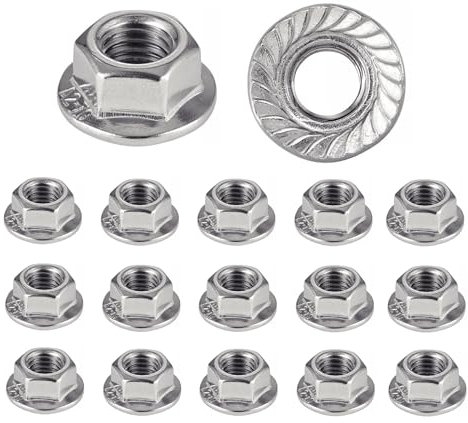 Tuerca de acero inoxidable con base dentada M6 | tuercas arandela con brida para tornillos Ø 6 mm | Autoblocante Hexagonal DIN 6923 / ISO 4161 | Acero inoxidable A2 (V2A/304) Tuerca de seguridad: lote