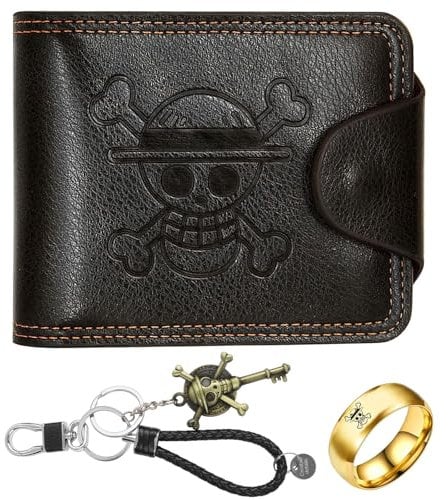 LbsAMP Geldbörse aus Leder Anime-Geldbörse mit Schlüsselanhänger und Totenkopf-Ring Cosplay Kreditkartenetui Geschenk für Anime-Fans Teenager(Dunkelbraun)