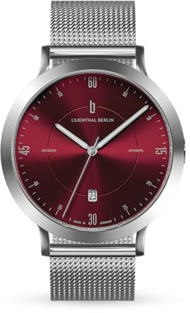 Lilienthal Berlin Zeitgeist Automatik Uhr Silver Bordeaux – hochwertige Herrenuhr aus silbernem Chirurgenstahl mit einem Automatikwerk & Saphirglas – 42,5 mm