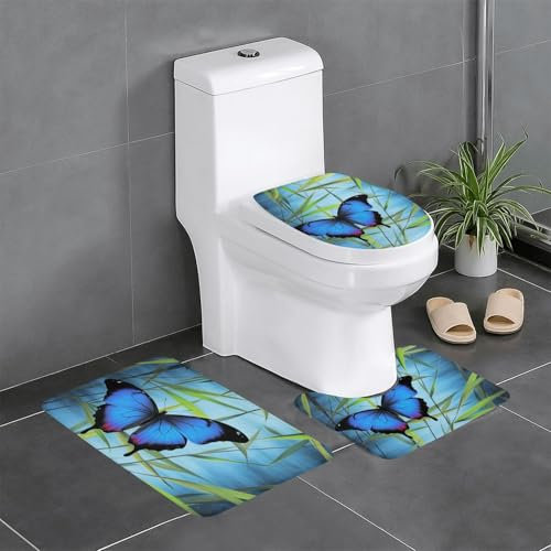 FLYIFE Lot de 3 tapis de salle de bain en flanelle antidérapants et absorbants avec tapis de toilette en forme de U et housse pour abattant de WC, motif papillon bleu et bambou