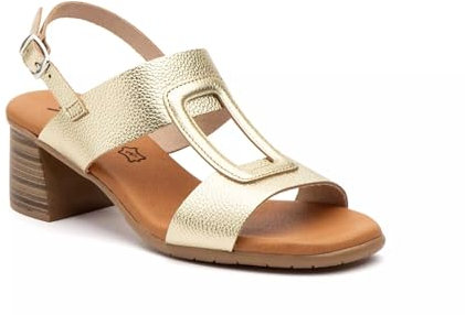 Genérico Sandalo in pelle intrecciata e liscia, tacco largo, con pianta in gel, suola in gomma leggera, oro, 39 EU