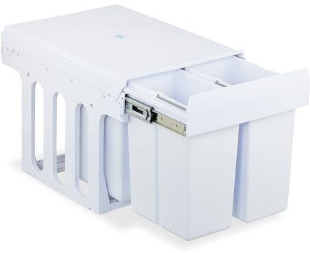 Relaxdays Einbaumülleimer, 4 Fächer, 4 x 8l, HBT: 35,1x34,3x48 cm, ausziehbar, Mülltrennsystem für Unterschrank, weiß
