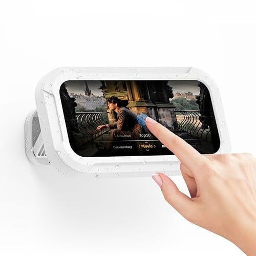 Shower Phone Holder Waterproof 360° Rotation Waterproof Phone Mount, Anti-Fog High Sensitivity Touch screen Phone Case Mount for Shower, Bathroom, Kitchen, Compatible with up to 7'' Phones - White
